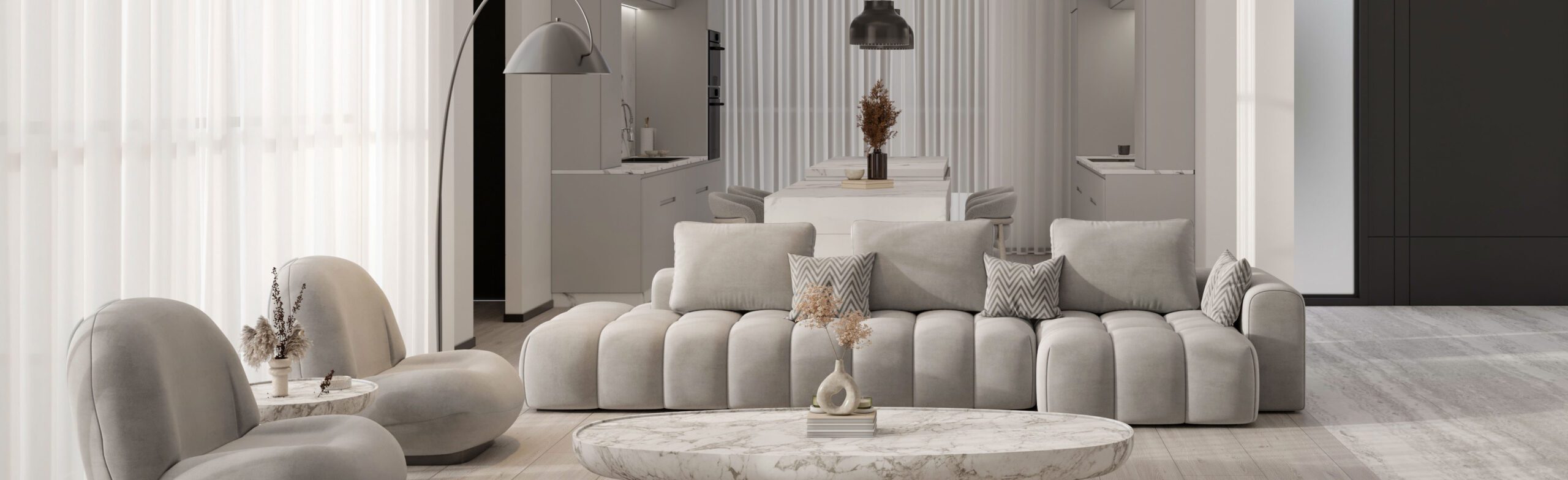 A luxurious and modern living room in Dubai, featuring pristine white furniture, floor-to-ceiling windows with cascading curtains, a white couch and chairs around a grey coffee table, and a sophisticated color palette of black, white, and subtle grey tones. This interior design masterpiece demonstrates the expertise of Dubai Interior Designers in creating spacious and elegant living spaces."